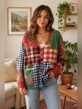 Vintage Patchwork Cardigan Oversized Knit Sweater Grannycore Cottagecore Multi M